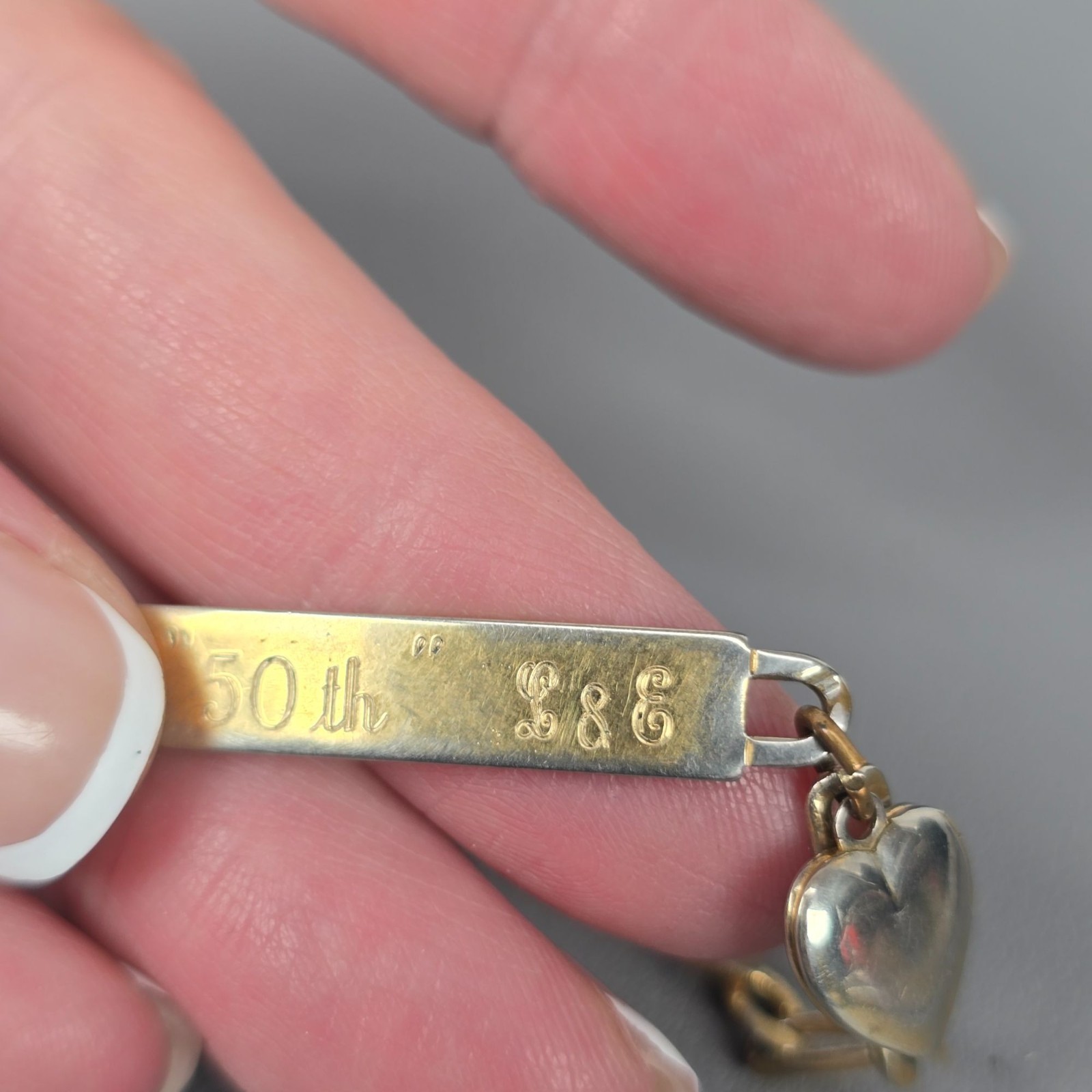 Speidel Gold-Tone Engraved 50th Anniversary Tag Bracelet W/ Heart Locket Charm