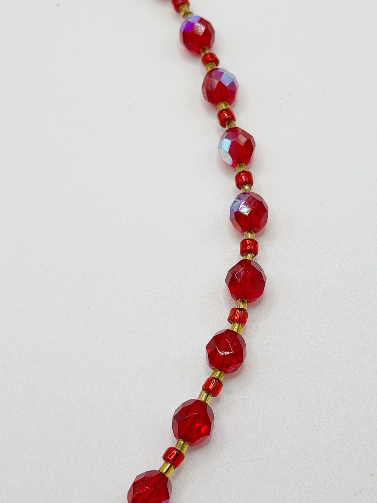 Vintage Faceted Ruby Red AB Glass Beaded Necklace 17.5”