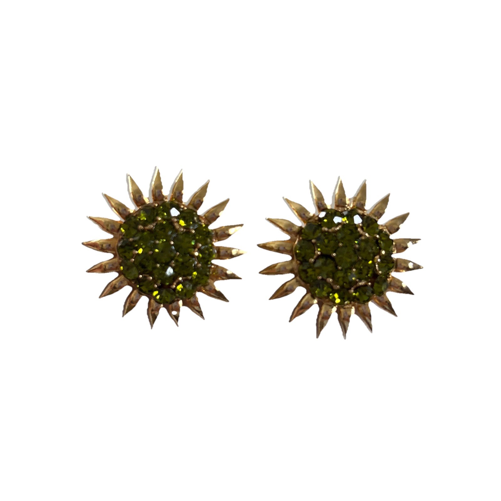 Vintage Green Rhinestones Gold Tone Sunflower Clip On Earrings MCM Statement