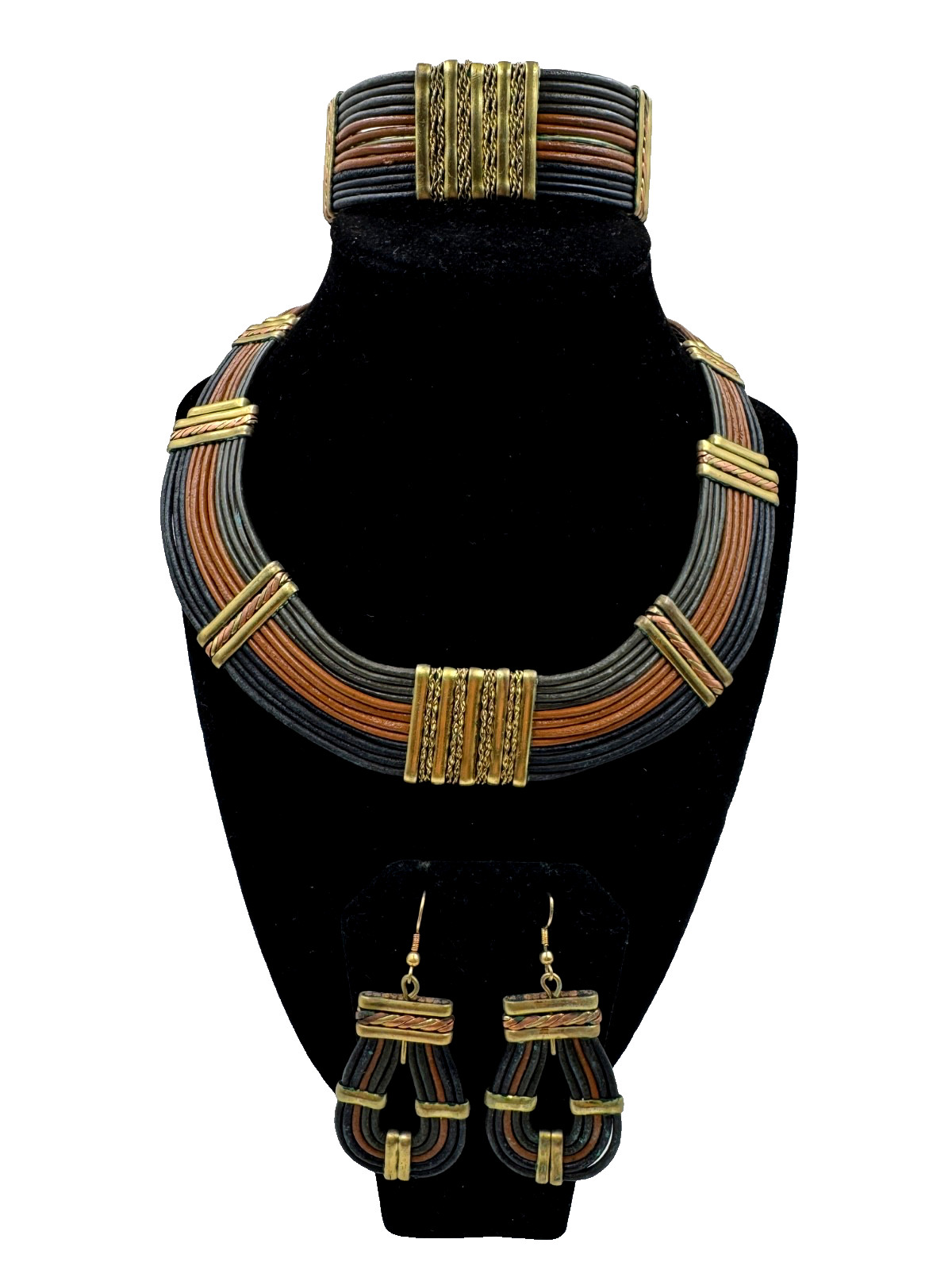 ETHNIC AFRICAN VINTAGE SET EARRINGS NECKLACE BRACELET GENUINE LEATHER CORD BRASS