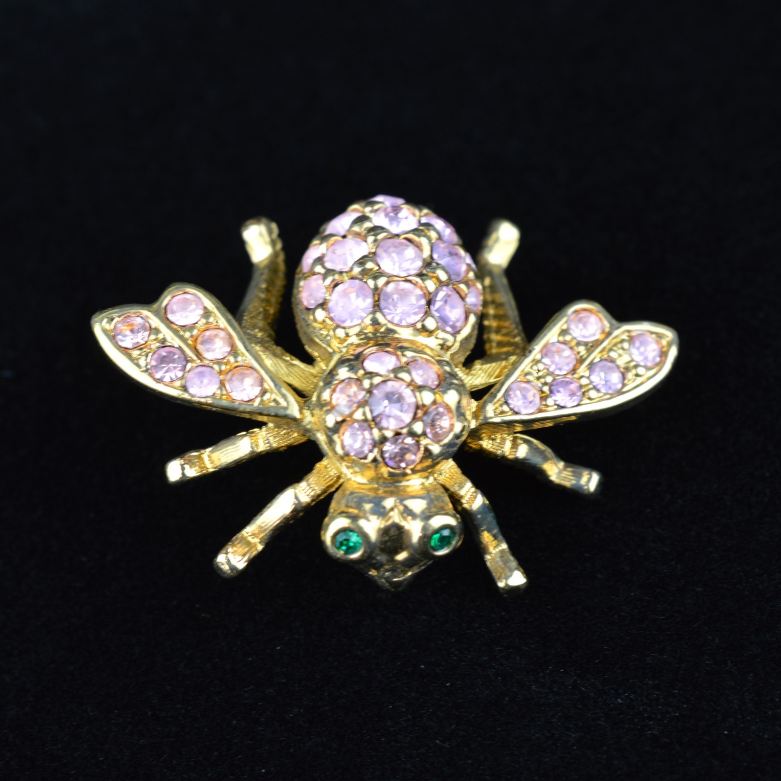 Joan Rivers Bee Pin Signed Pink Rhinestone Brooch Gold Tone Green Eyes Vtg