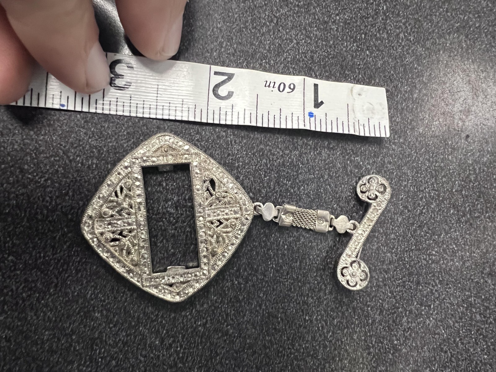 Vintage Rhinestone Brooch Silver Tone Filigree Dangle Pin Costume Jewelry