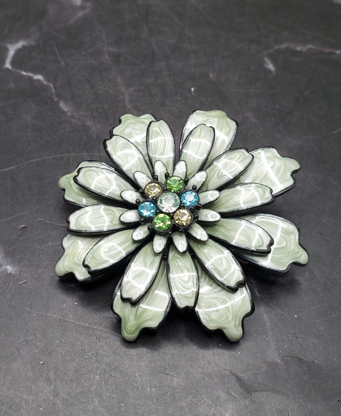 Vtg 1960s Enameled 4 Layers Metal Flower Pendant Brooch Multi Color Rhinestones