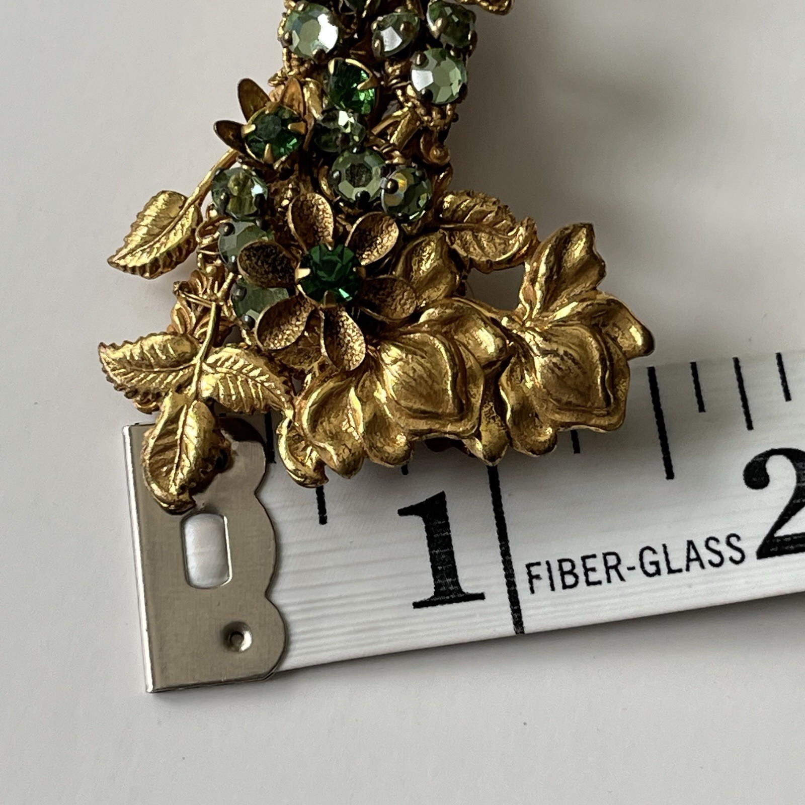 VTG Miriam Haskell Bar Brooch Green Rhinestone Floral Filigree Goldstone Signed