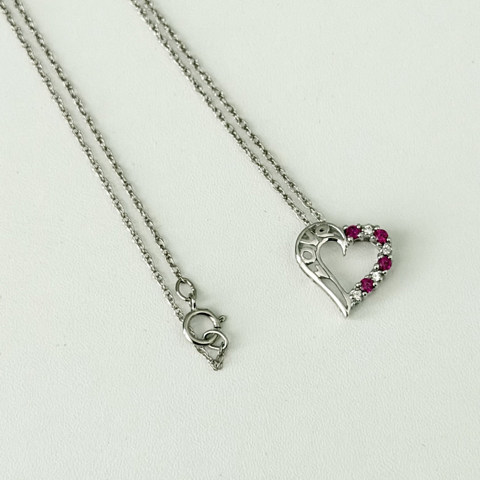 Lenox 925 Sterling Silver Vintage Ruby & CZ Open Heart Love Dainty Necklace 18″