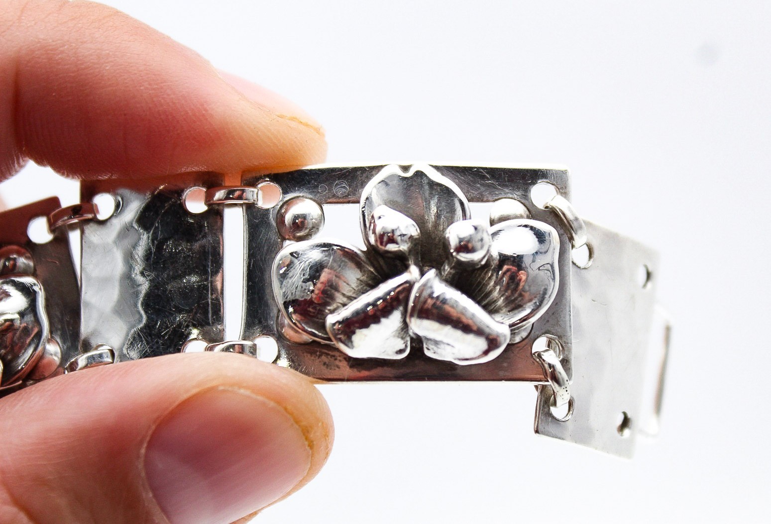 Vintage Sterling Silver 925 Denmark Floral Link Panel Bracelet 7.25″