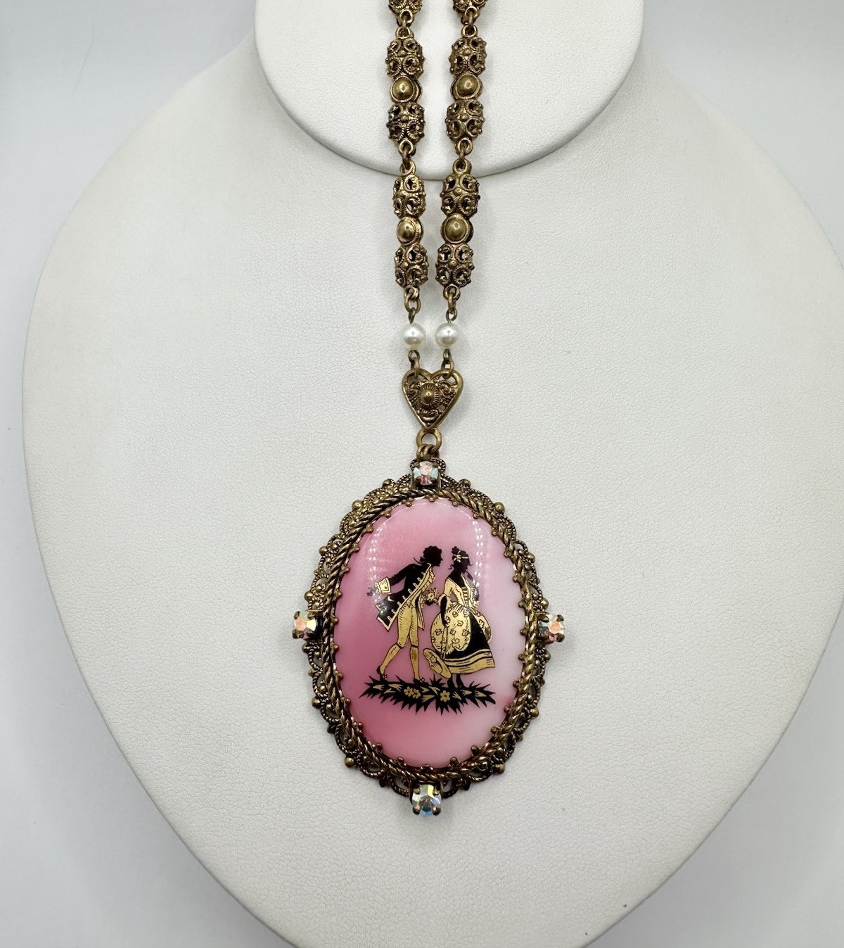 VTG Antique West Germany Couple Painted Bright Pink 32in Necklace Signed Read