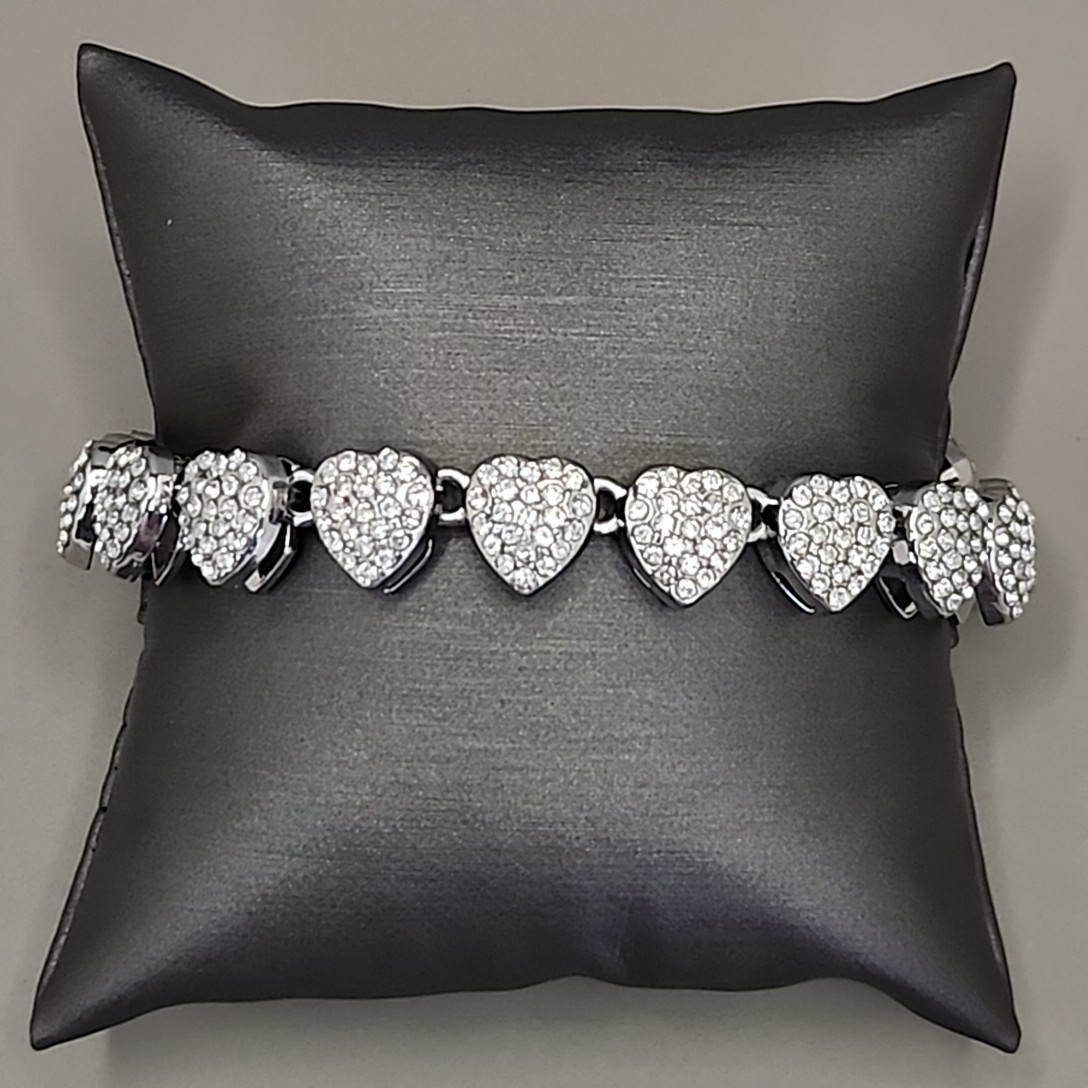 Vintage Heart Bracelet Pave Clear Rhinestones Silver Tone Linked 7.25″