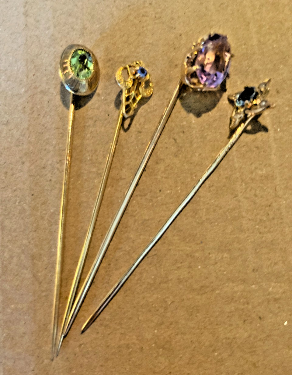 Antique 14k Gold Gem Set Stickpin Lot Amethyst Peridot Sapphire Topaz BIN