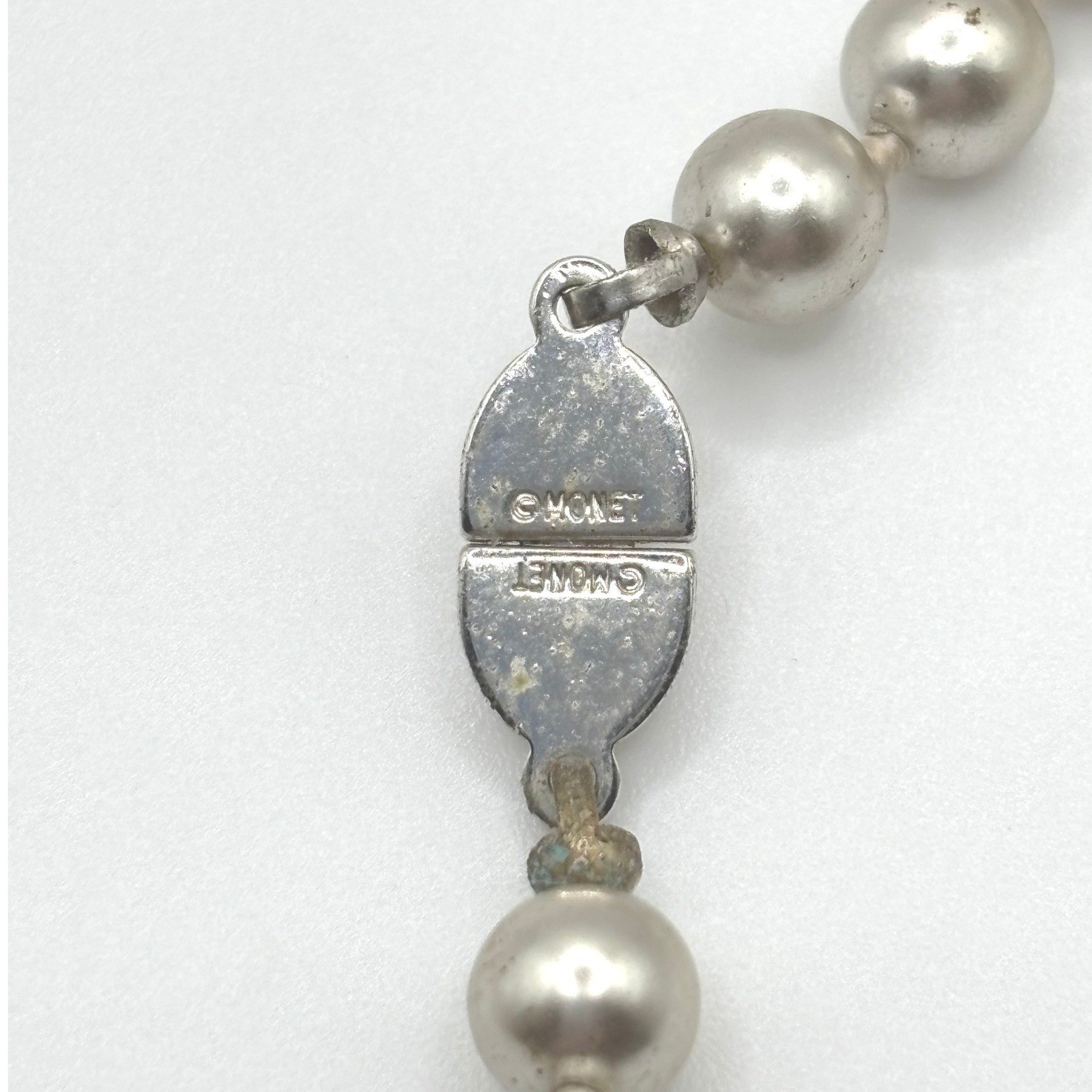 Monet Vintage Faux Pearl Strand Necklace Champagne Silver Tone Signed Clasp 30in