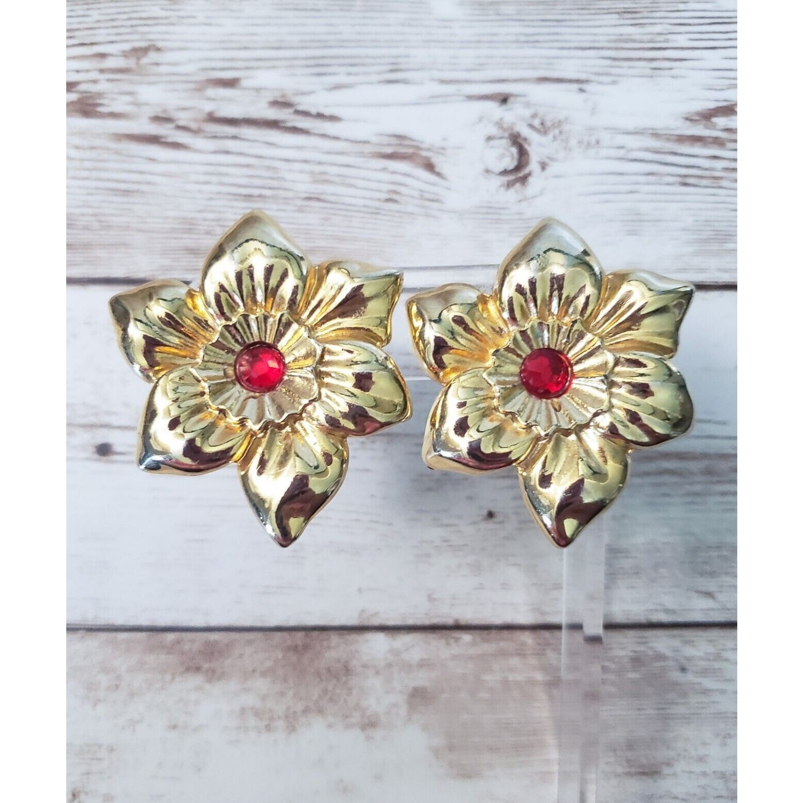 Vintage Clip On Earrings 1.75″ Extra Large Gold Tone Flower, Red Gem – Statement