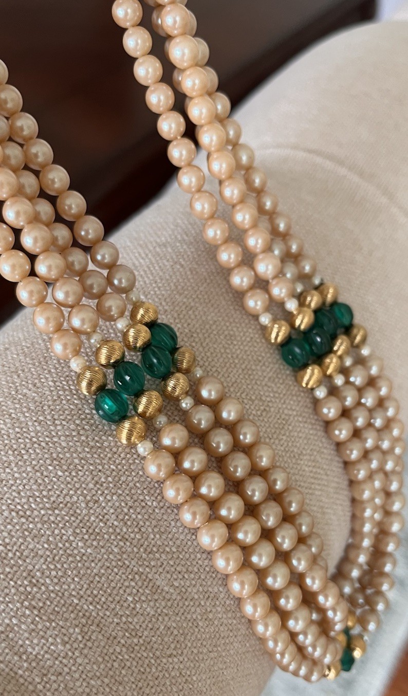 Vintage 4 Layered Ivory Pearl Green Glass Crystal Pave Clasp Beaded 24” Necklace