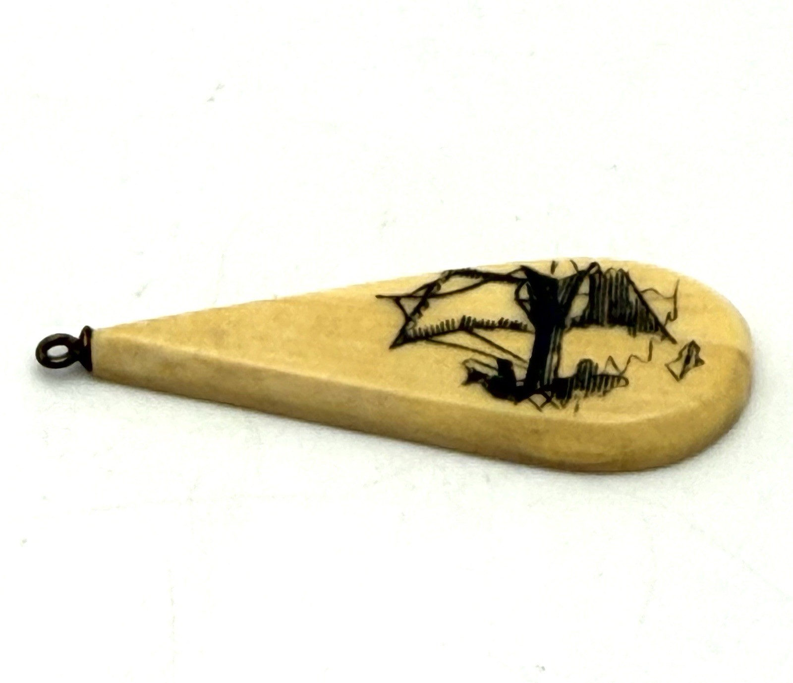 Scrimshaw Pendant Fishing Boat Elongated Teardrop Vintage