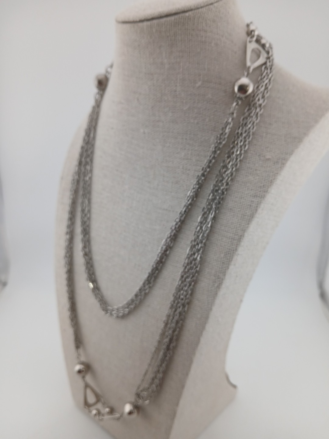 1960s silver tone multi chains ball beads open triangle design accents necklace
