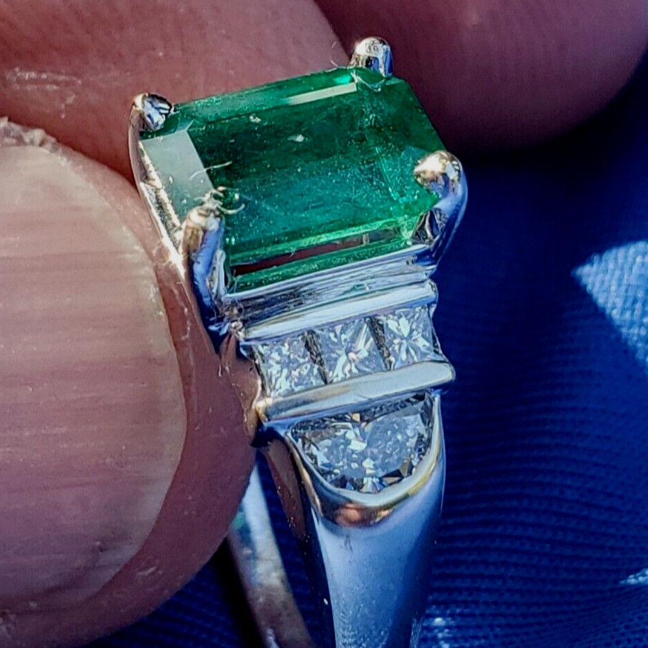 Original EARTH MINED EMERALD DIAMOND Deco Engagement Ring 14K GOLD Solitaire S 7