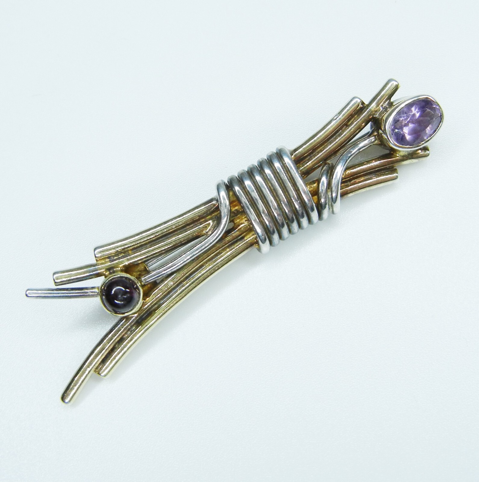 Vintage YES 925 Sterling Silver Amethyst Two Tone Modernist Abstract Brooch Pin