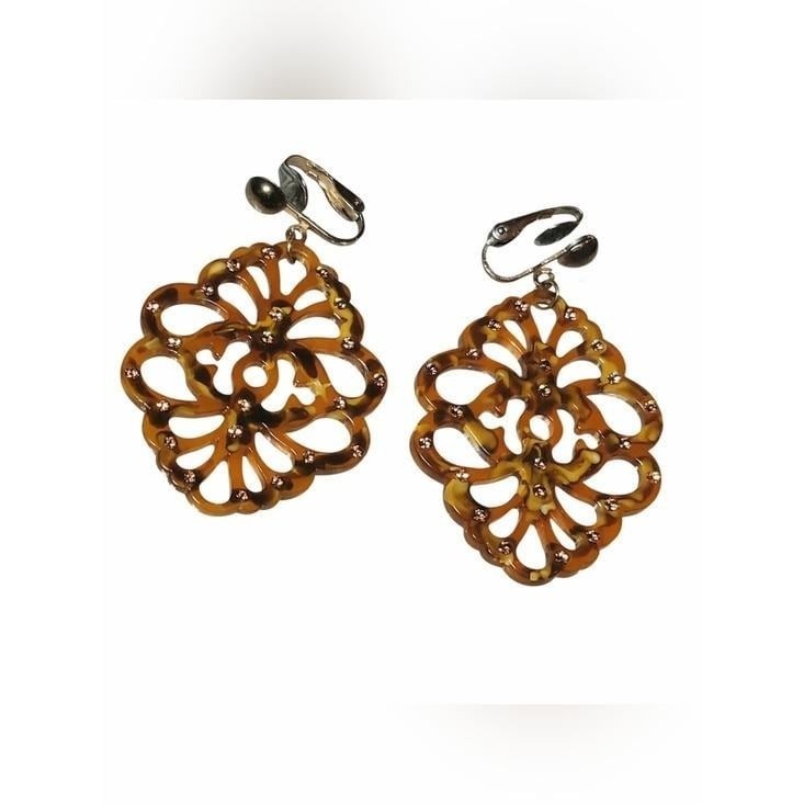 Vintage Tortoise Shell Resin Clip On Earrings Openwork Floral Plastic Dangle