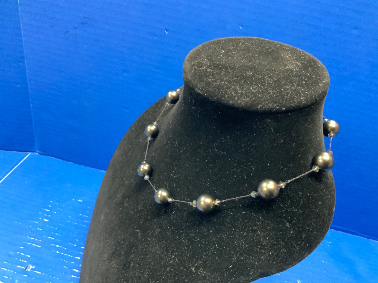 Alicia dark grey green knotted stone necklace 17″