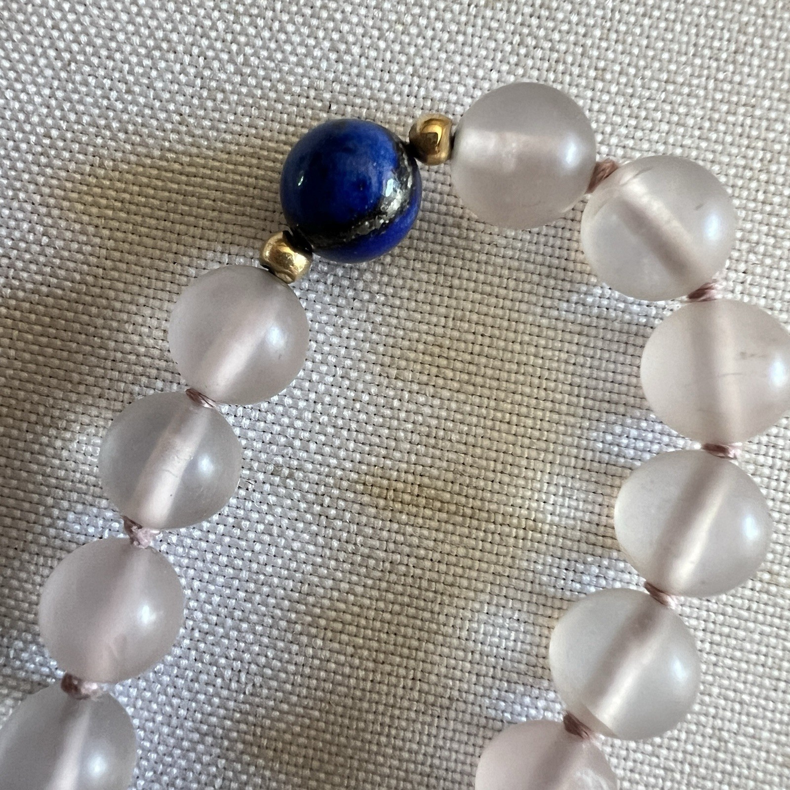 Vintage Frosted Rose Quartz Lapis Lazuli 27″ Beaded Necklace Gold Accent Spacers