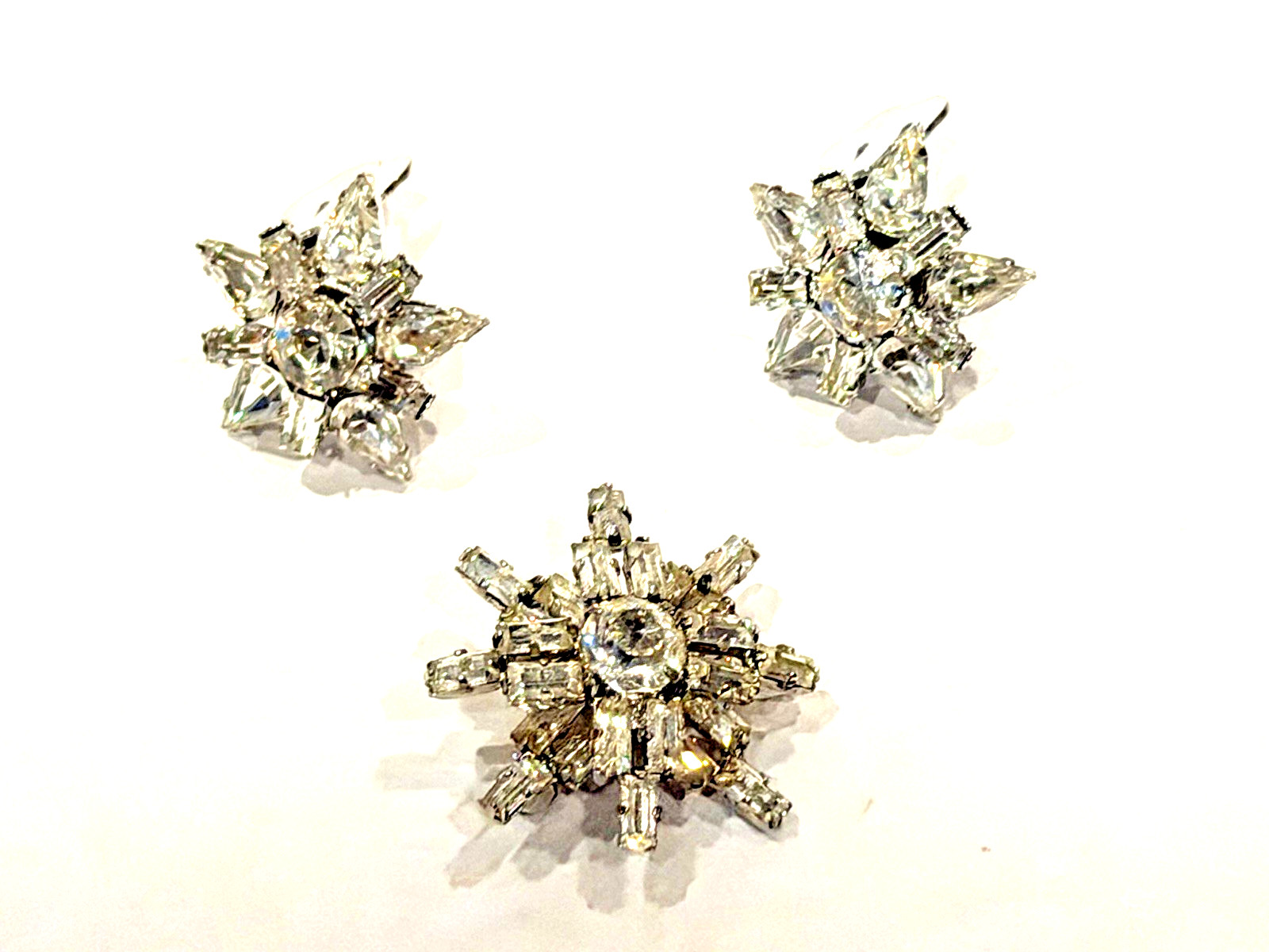 ART DECO AUSTRIA SILVER CRYSTAL RHINESTONE STAR BROOCH CLIP ON EARRINGS SET LOT