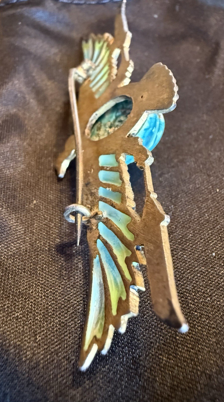 Revival Plique-à-jour Bird, winged scarab stone Brooch pin. Art Deco, Egyptian