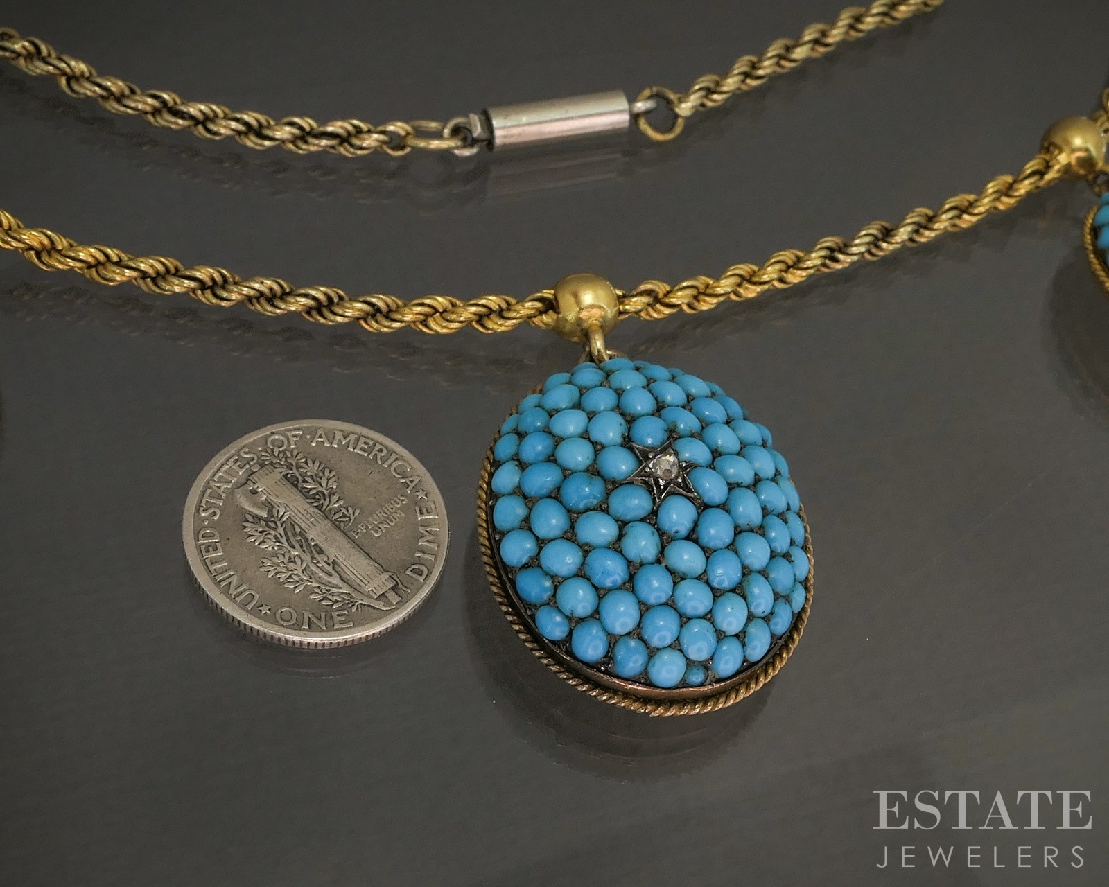 Antique Victorian 20k Yellow Gold Turquoise & Diamond Necklace 30g 17″L p23058