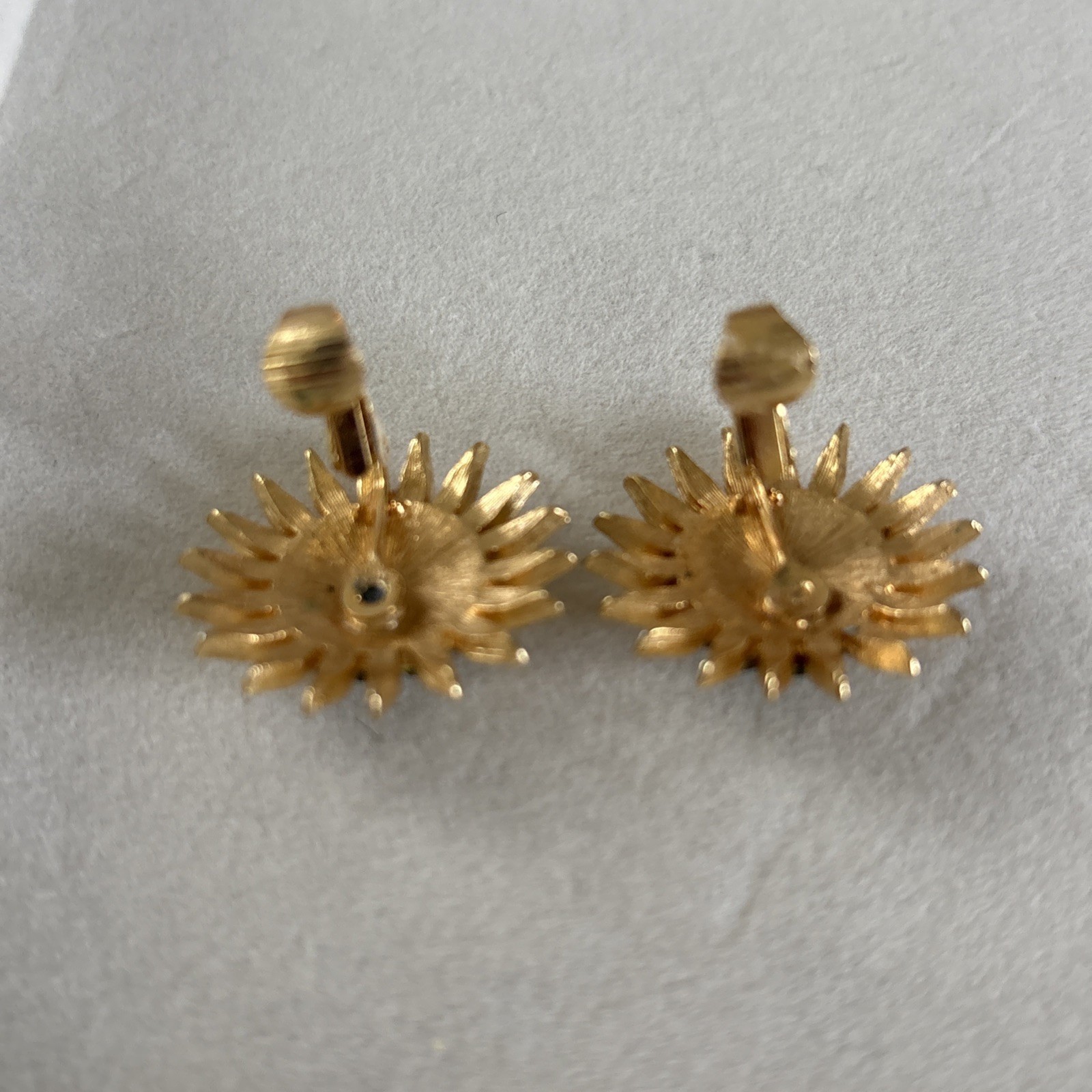 Vintage Green Rhinestones Gold Tone Sunflower Clip On Earrings MCM Statement