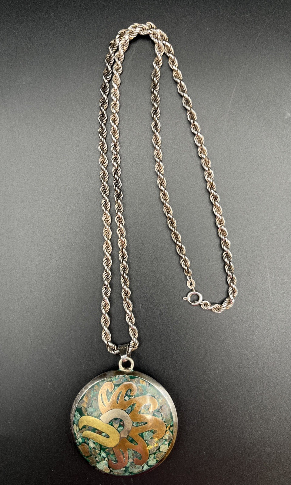 Taxco Mexico 925 Silver, Copper, Turquoise Inlay Pendant With Twist Rope Chain