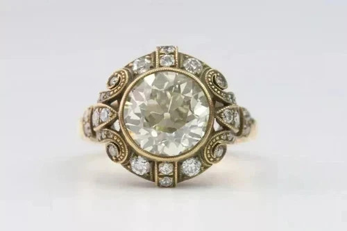 4CT Vintage Old Mine Round Bezel Lab Created Diamond Ring 14K Yellow Gold Finish