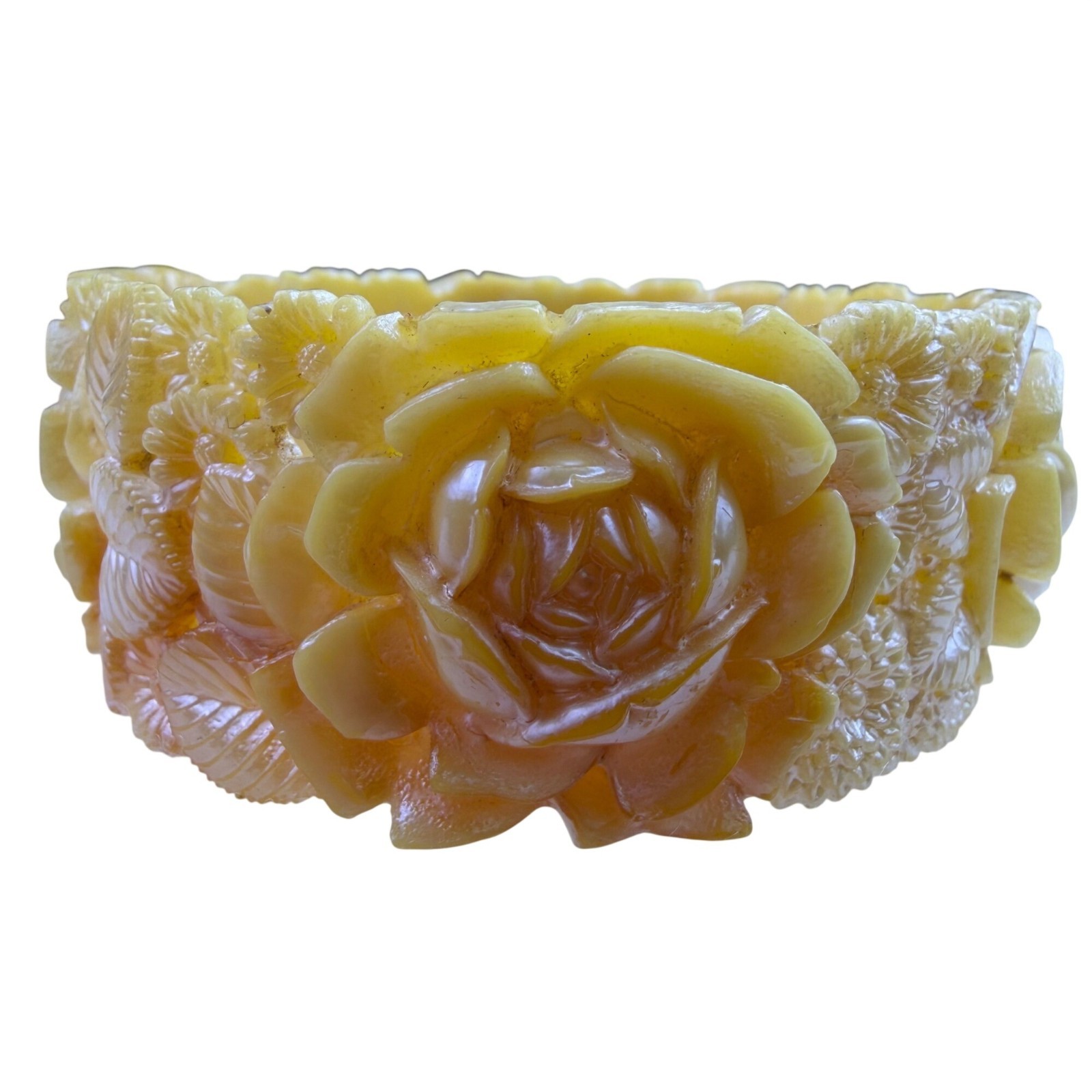 Vintage Womens Yellow Carved Resin Floral Bangle Bracelet Rose Design