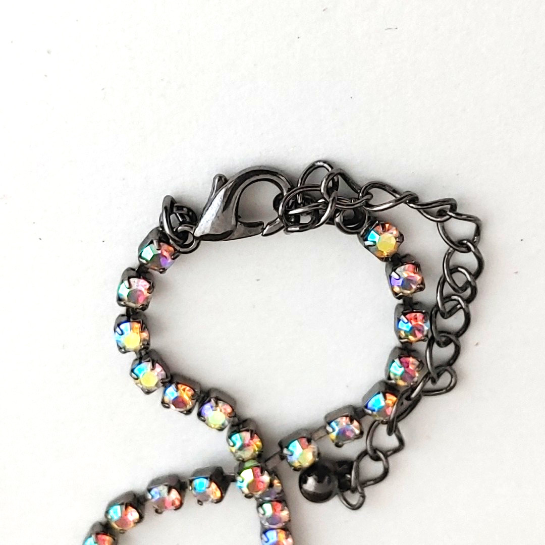 Vintage Y Drop CROSS Rhinestone Necklace AB Cup Chain Choker Gunmetal 14” to 17”
