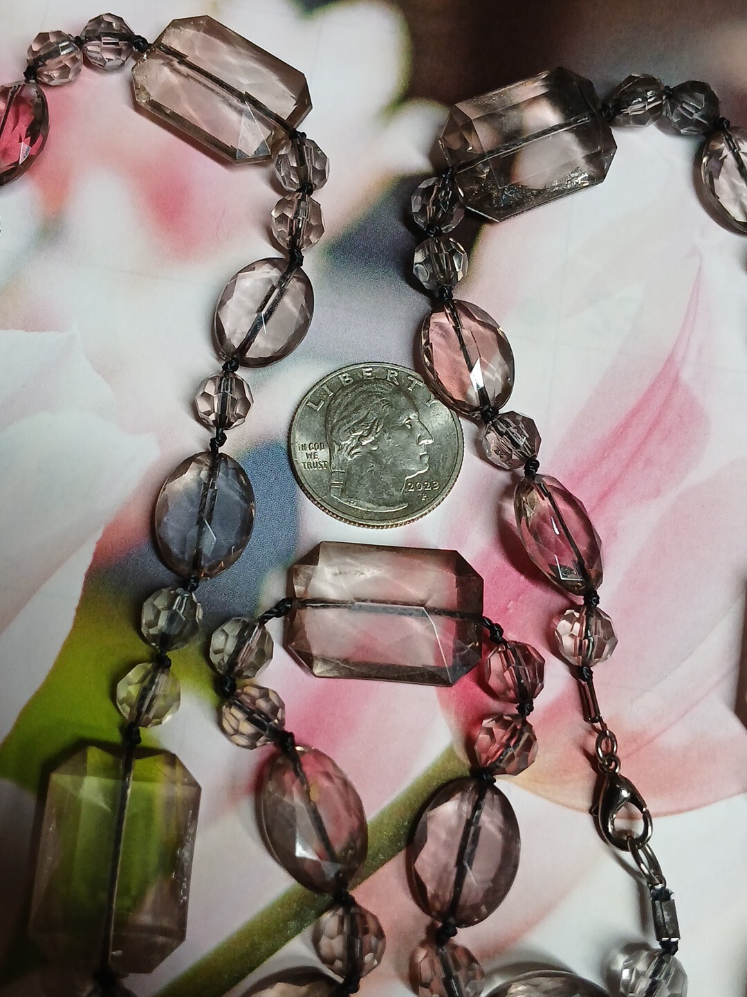Long Light/Dusty Pink Faceted Emerald, Oval and Round Lucite Bead Necklace
