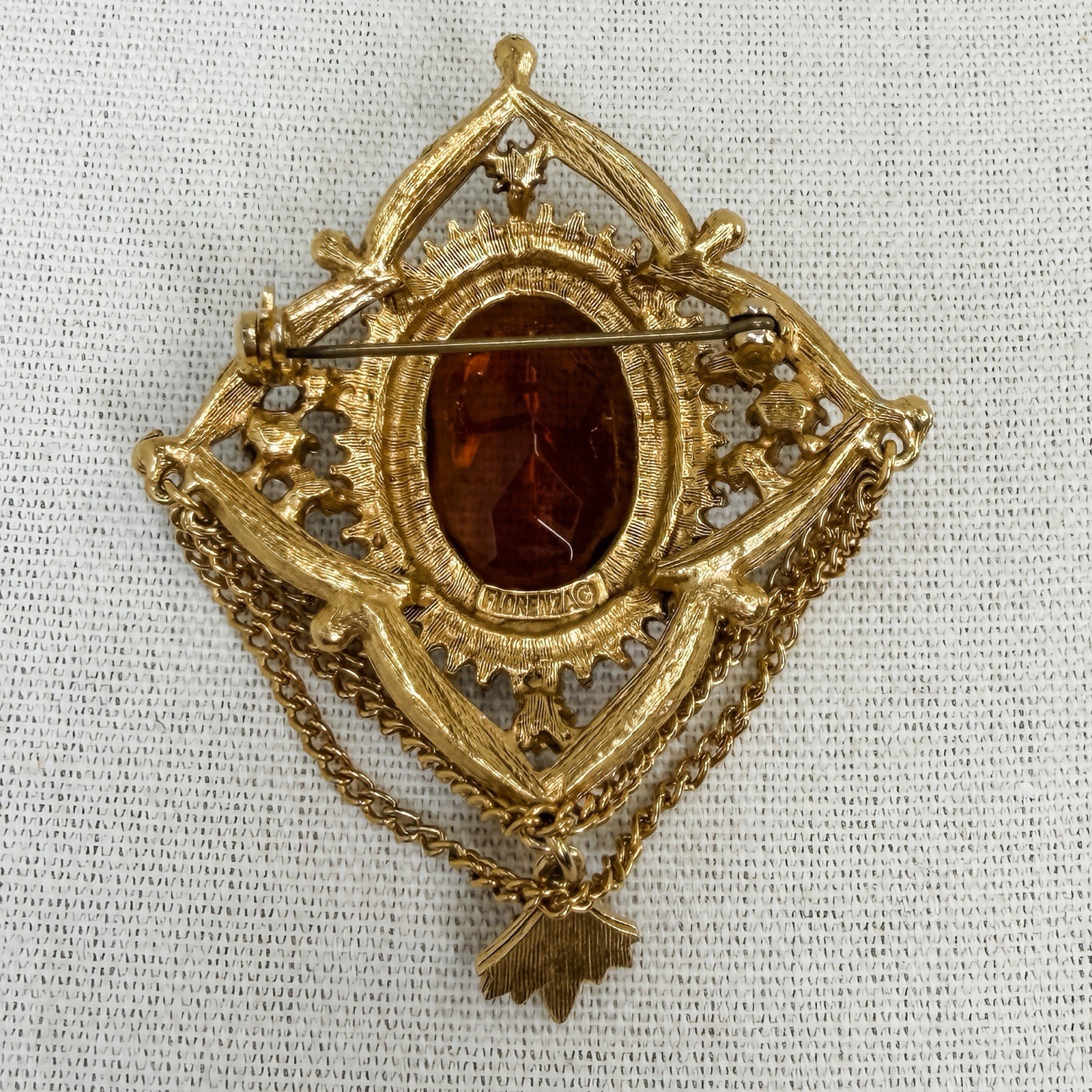 Vintage Florenza Victorian Shield Brooch & Earrings Set Gold Amber Pearl Glass