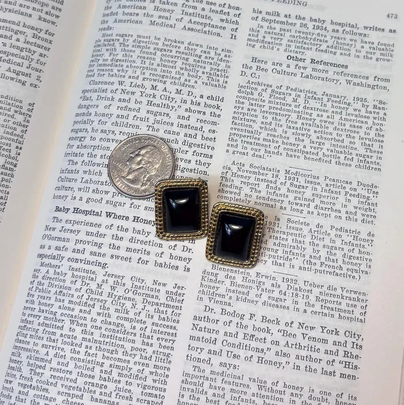 Vintage signed Trifari Black and Gold Earrings, Art Deco Style Geometric Rectang