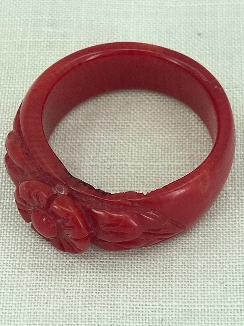 Vintage Coral Ring Carved Red Flower Sz 7.5 READ
