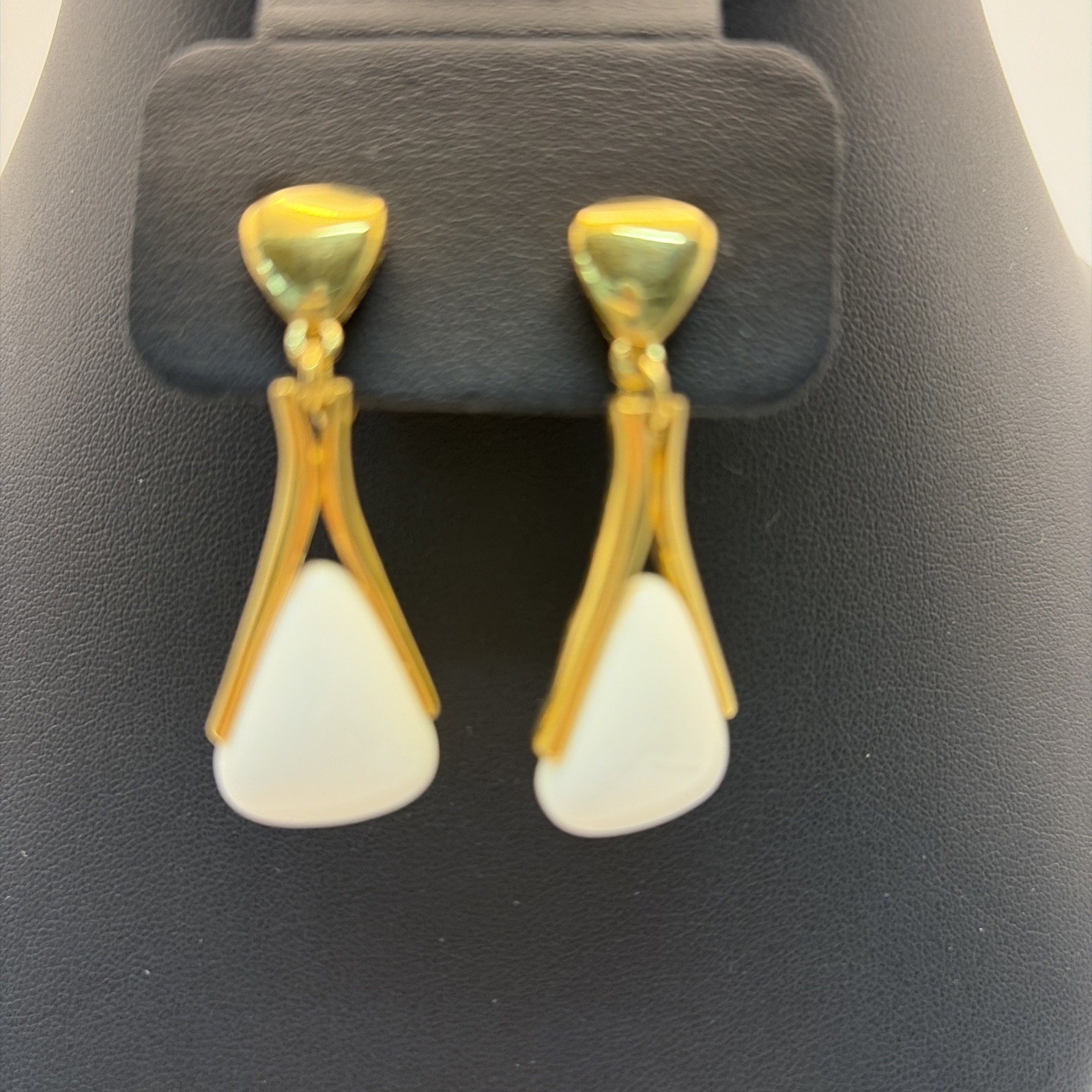Vintage Crown Trifari Dangle Gold Tone White Clip On Earrings, Elegant 1 1/2”