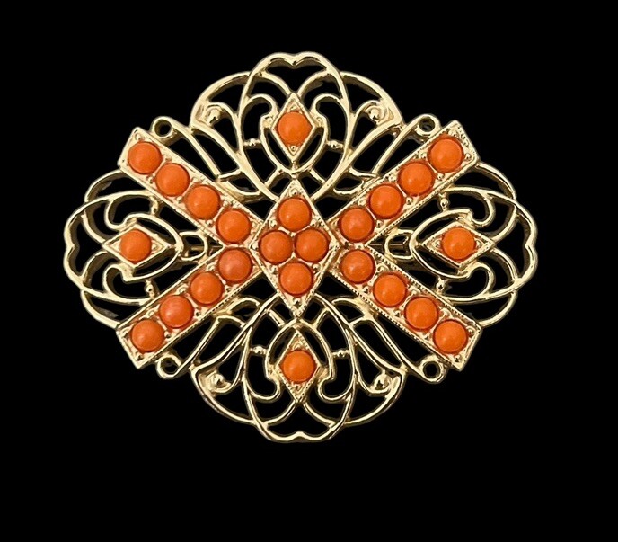 Vintage Sarah Coventry Gold Tone Filigree Coral Colored Beaded Brooch Pin