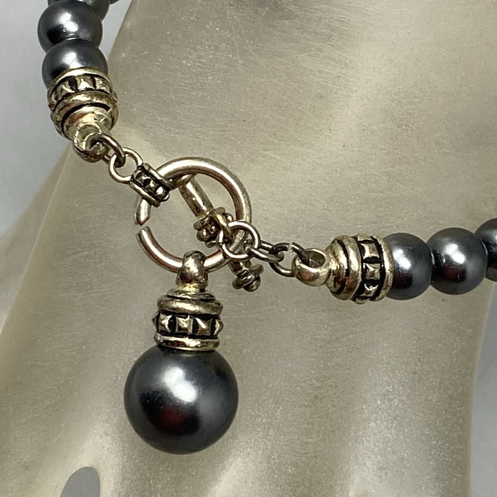 Hematite Beaded Necklace Toggle Clasp Stone Charm Healing Chakra Bohemian 6.75″