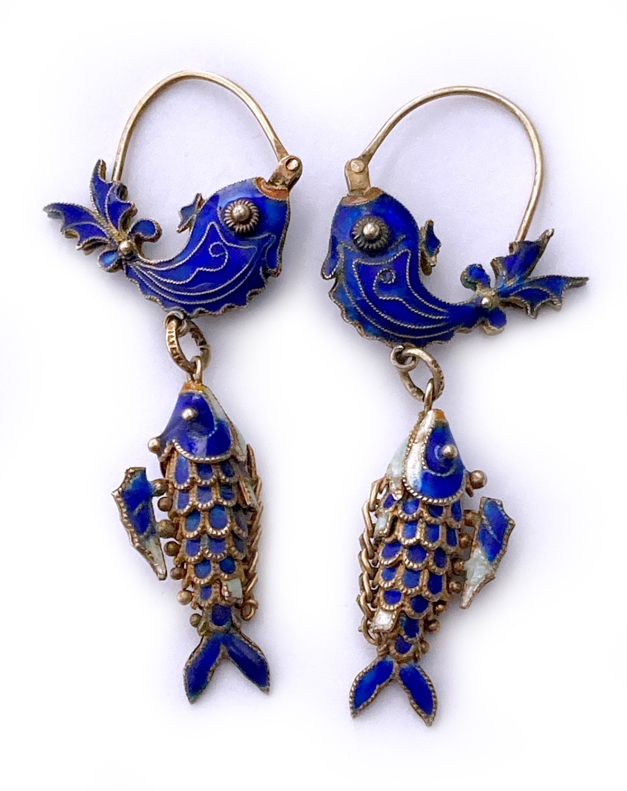 Blue Cloisonne & Vermeil Koi Fish Charm Bracelet and Hoop Earrings: China Export