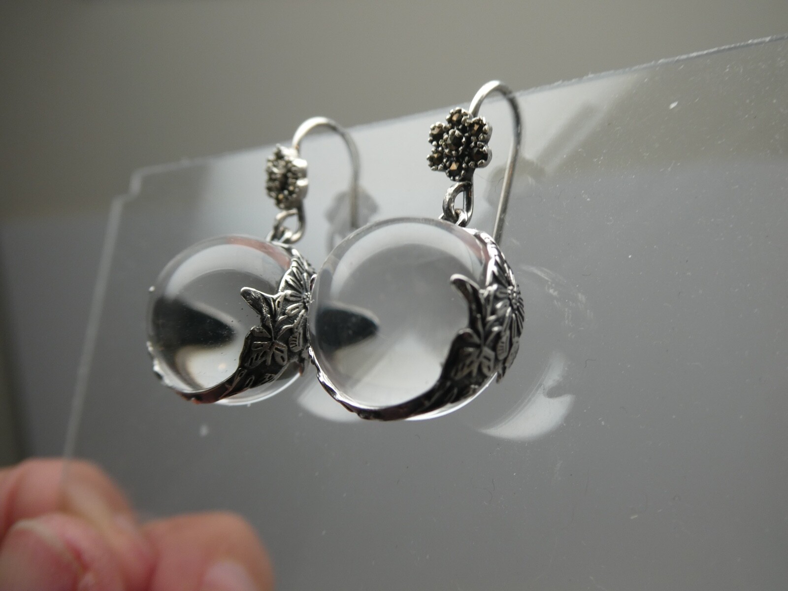 Genuine Pool Of Light Sterling Silver 925 Floral Orb Marcasite Dangle Earrings