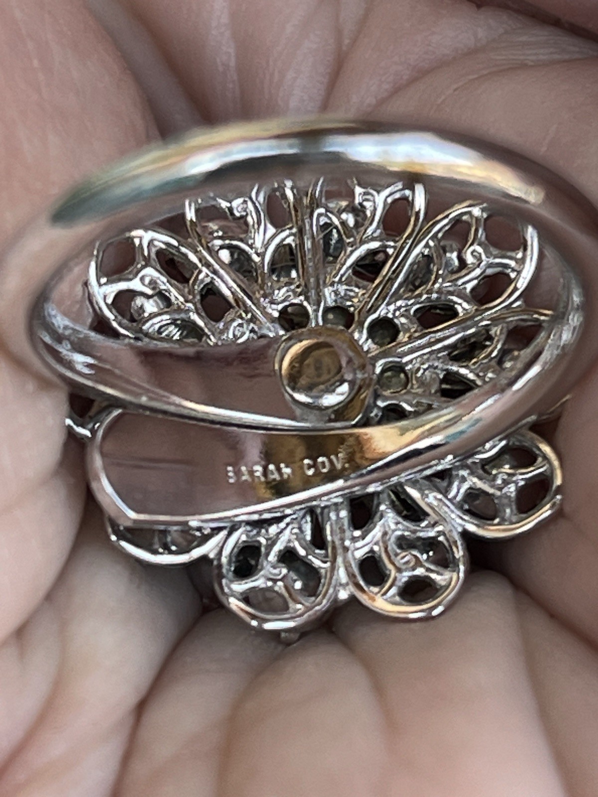 Vintage Sarah Coventry Ring Tiered Flower Clear & Dark Grey Rhinestones Silver