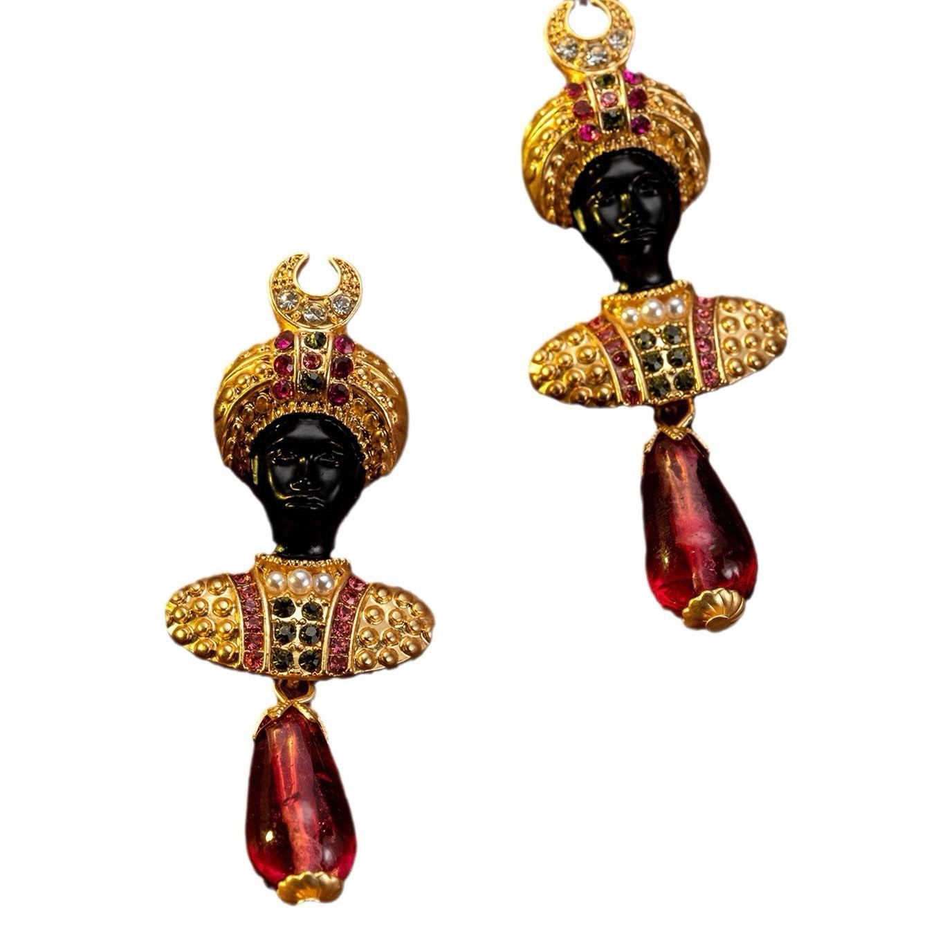 Vintage Figural Dangle Earrings Gold Tone Rhinestone Red Drop Statement