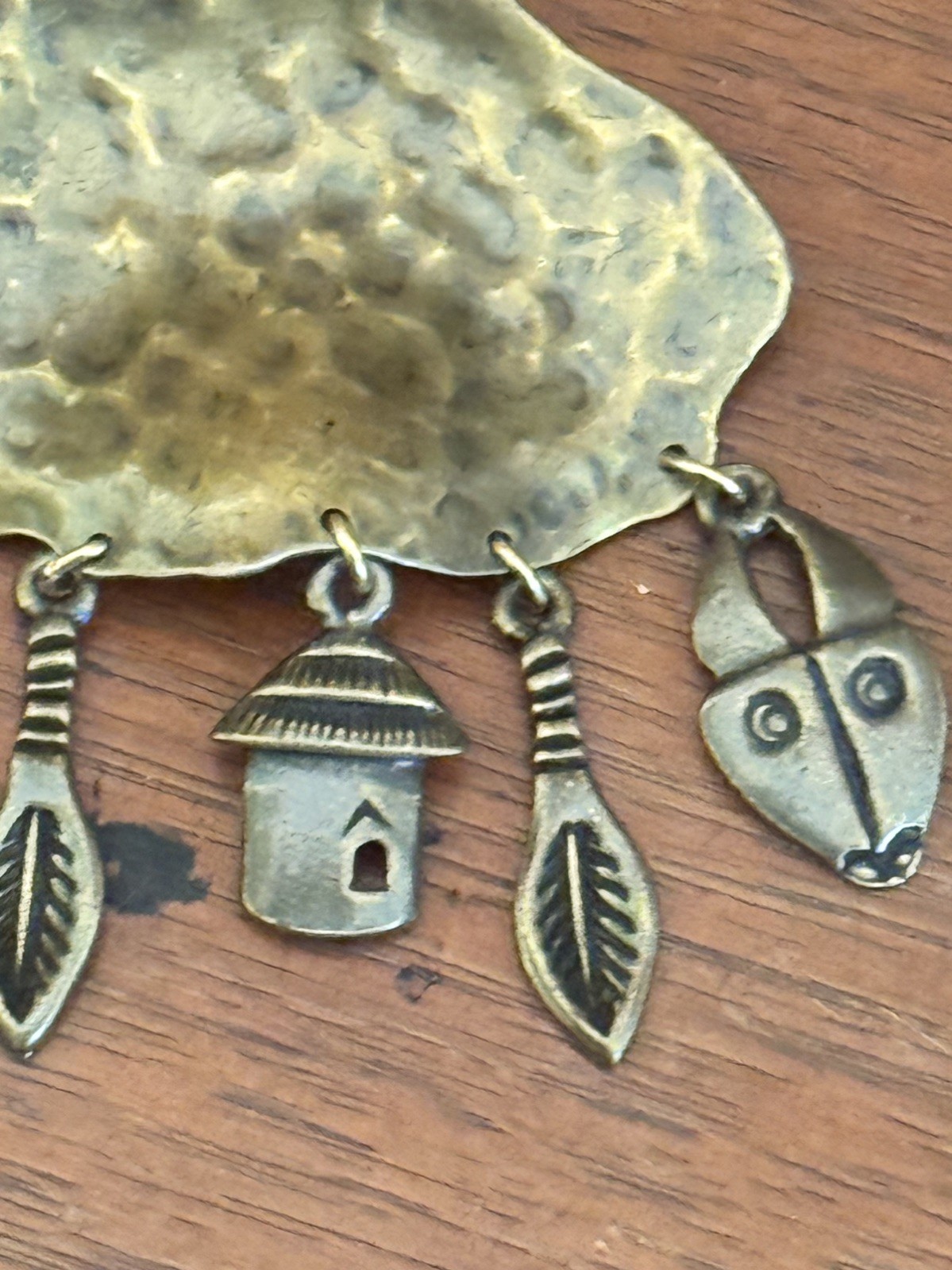 Vintage Hammered Metal Primitive African Charm Brooch And Earrings Set As Is