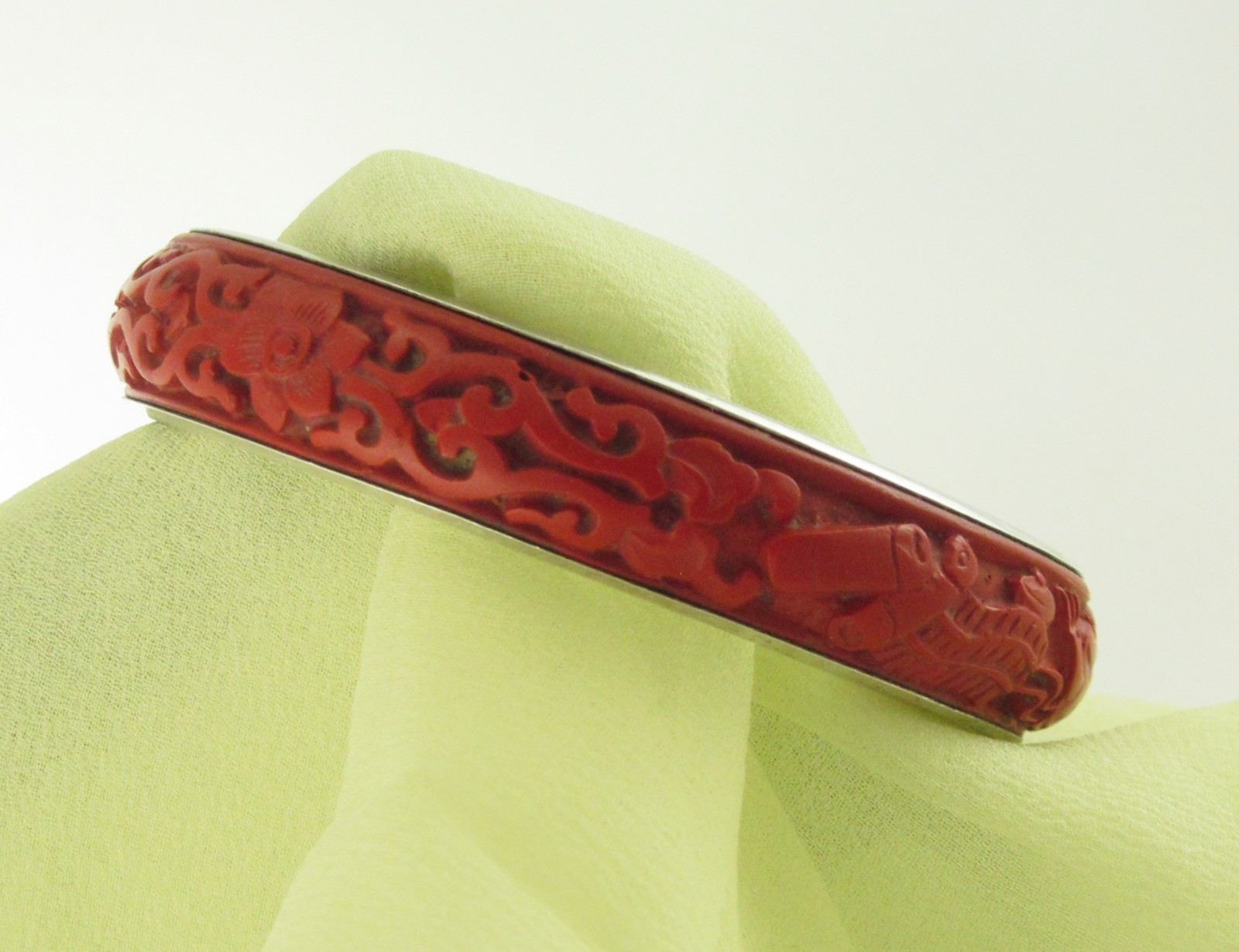 Carved Chinese Cinnabar Bangle Bracelet BJ 925 Silver; Tea Ceremonial Service