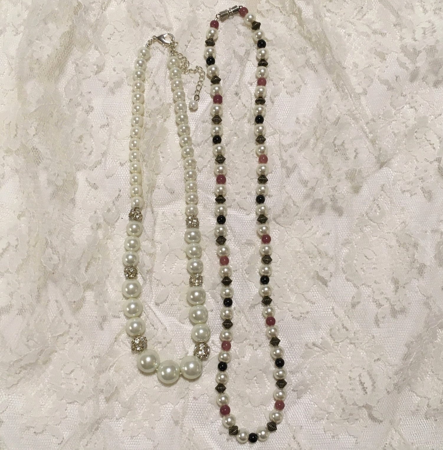 Vintage Faux Pearl Bead Necklaces 2 Rhinestones Silver color Pink Beads