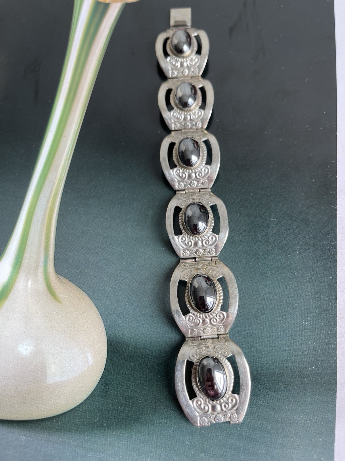Vintage Taxco Mexico Sterling Silver Black Onyx Panel Bracelet