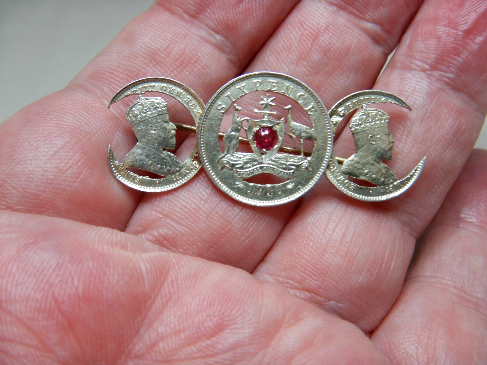 ANTIQUE GARNET SET AUSTRALIAN 1910 SILVER COINS BROOCH 3760