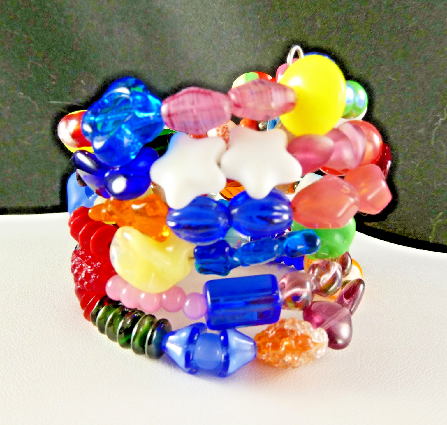 Vintage Fruit Salad Art Glass Coil Wrap Bracelet 2 Sterling Silver Charms HEART