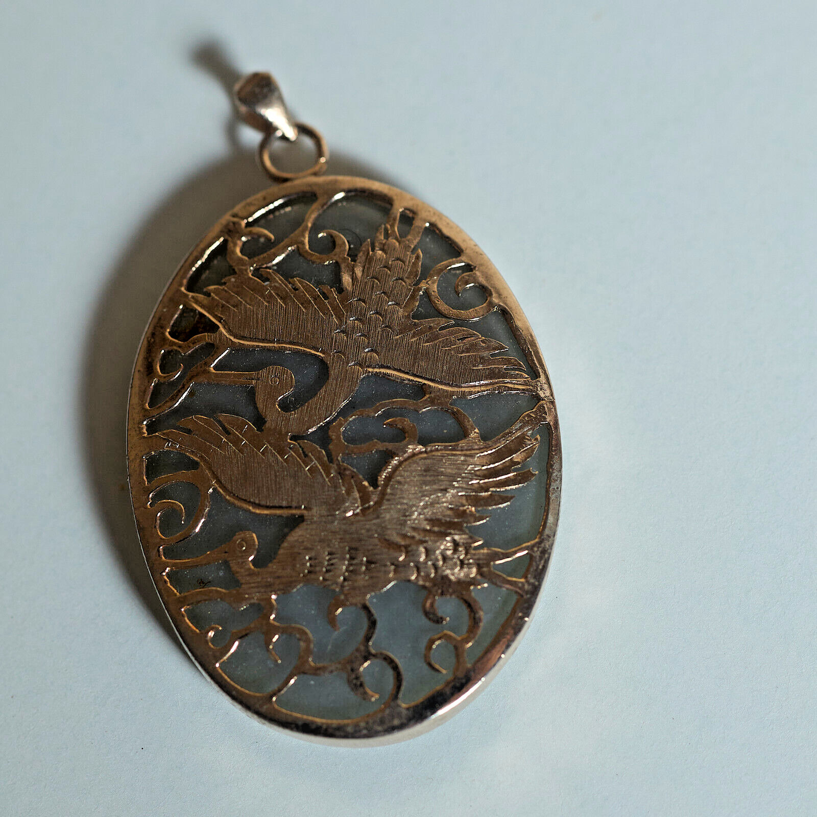 VTG 1970s/80s Asian 2 Cranes GP Open Metalwork on Oval Jadeite Pendant 1.75″Tall