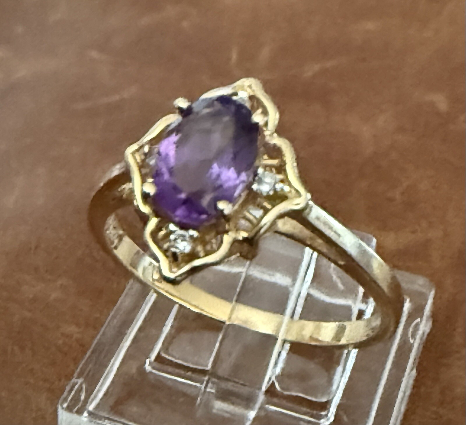 Vintage 14k Yellow Gold Amethyst With Diamond Accents Cocktail Ring Size 7.75